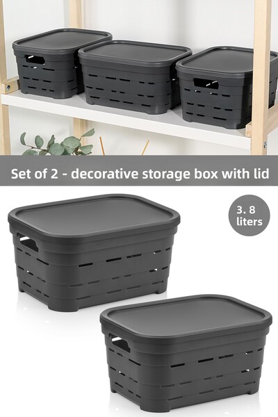 Meleni Home 2-Piece Decorative Pyramid Storage Box with Lid and Holes - Closet Organizer Organizer 3.8 Lt Anthracite