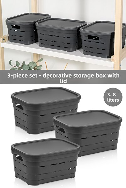 Meleni Home 3-Layer Lid Hole-Punched Decorative Pyramid Storage Box - Closet Organizer Organizer 3.8 Lt Anthracite