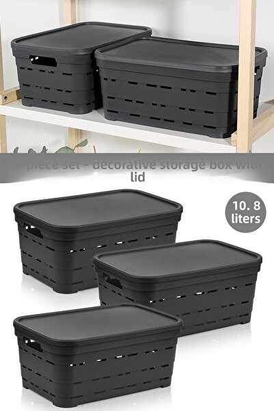 Meleni Home Cutie de depozitare piramidală decorativă cu 3 uși și găuri - Organizator pentru dulap 10,8 Lt Antracit