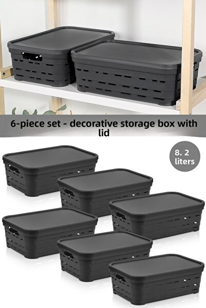 Meleni Home 6-Piece Lid Hole-Punched Decorative Pyramid Storage Box - Closet Organizer Organizer 8.2 Lt Anthracite