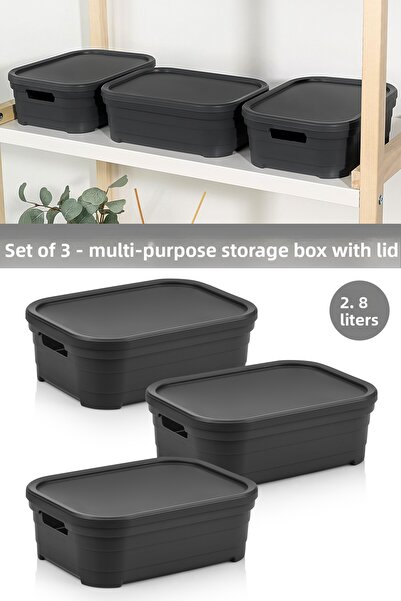 Meleni Home 3 Decorative Pyramid Storage Boxes with Lids - Closet Organizer 2.8 Liters Anthracite