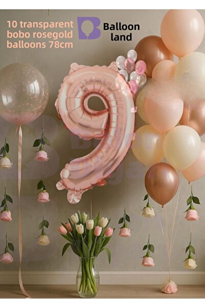 BALON DİYARI Set de aniversare Rosegold pentru 9 ani cu cadou Bobo transparent
