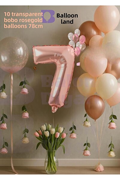 BALON DİYARI مجموعة عيد ميلاد روزجولد لعمر 7 سنوات مع هدية بوبو الشفافة