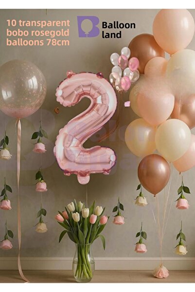 BALON DİYARI Set de aniversare Rosegold de 2 ani cu cadou transparent Bobo