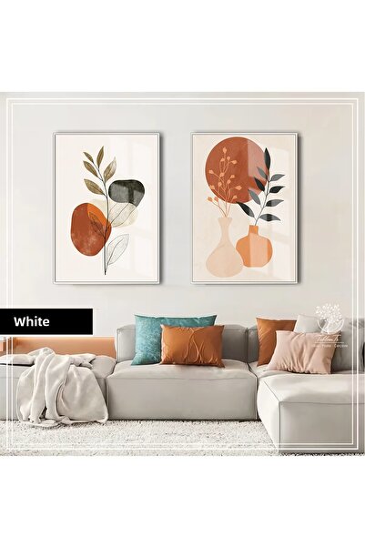 Harikabirev Hari̇kabi̇rev | Brown-Orange Bohemian Vase Leaf Combination | Framed Glass Table 2-Piece Vertical