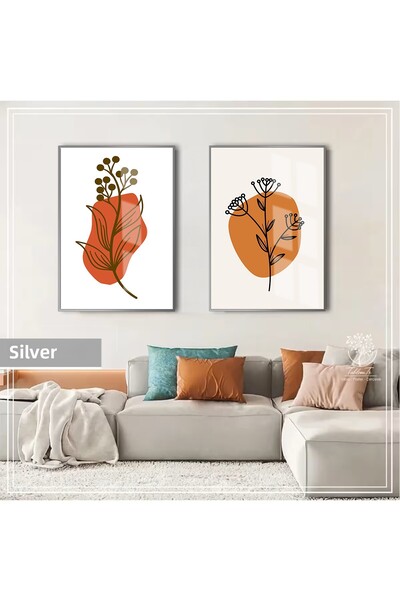 Harikabirev HARİKABİREV | COMBINAT DE FLORI BOHEME DE CULOARE PORTOCALIE 02 | TABLO DE STICLA CU CADRU 2 PIESE VERTICAL