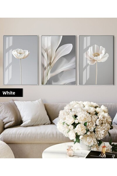 Harikabirev Hari̇kabi̇rev | Soft Blue-White Flower Combination | Framed Glass Table 3-Piece Vertical