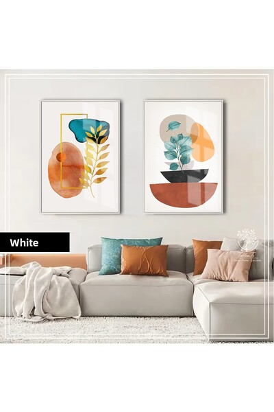 Harikabirev Hari̇kabi̇rev | Brown-Orange Tone Bohemian Herbal Combination | Framed Glass Table 2-Piece Vertical