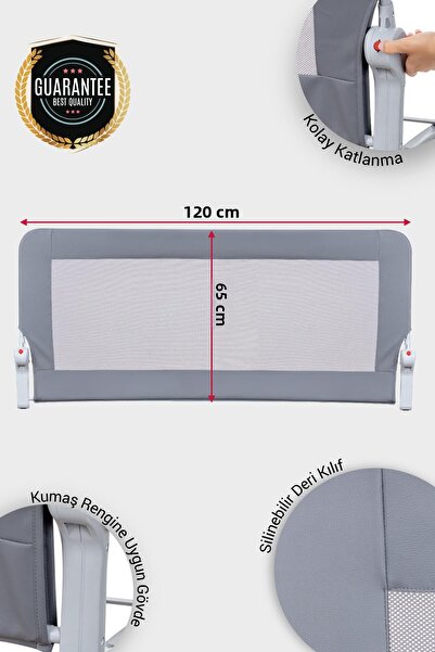 Wellgro Premium 120X65 cm Bed Barrier with Leather Cover, Folding Bed Rail, Grey