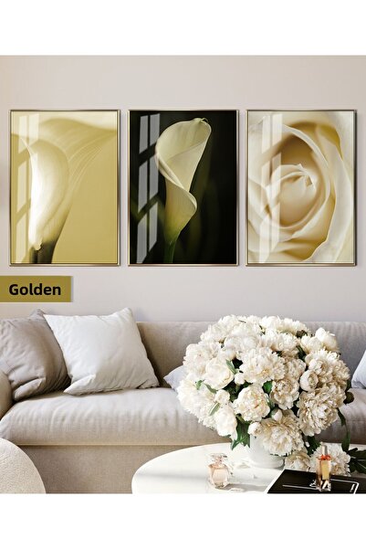 Harikabirev Hari̇kabi̇rev | Yellow Color Tulip Combination Soft | Framed Glass Table 3-Piece Vertical