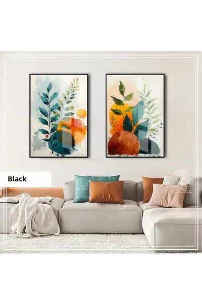 Harikabirev Hari̇kabi̇rev | Green-Orange Tone Bohemian Herbal Combination | Framed Glass Table 2-Piece Vertical