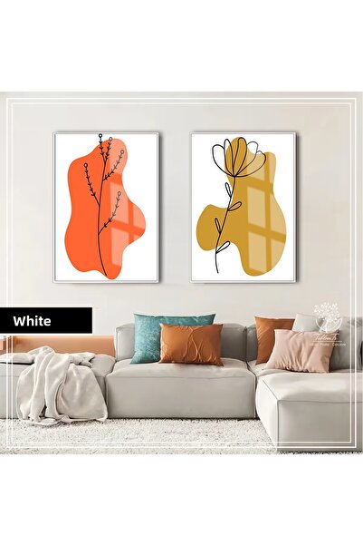 Harikabirev Hari̇kabi̇rev | Orange Color Bohemian Flower Combination 01 | Framed Glass Table 2-Piece Vertical