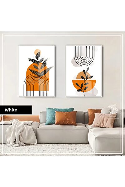 Harikabirev Hari̇kabi̇rev | Orange Color Abstract Bohemian Plant Combination | Framed Glass Table 2-Piece Vertical