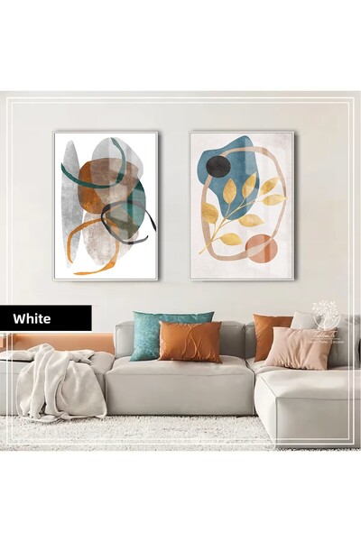 Harikabirev Hari̇kabi̇rev | Turquoise-Orange Bohemian Leaf Abstract Combination | Framed Glass Table 2-Piece Vertical