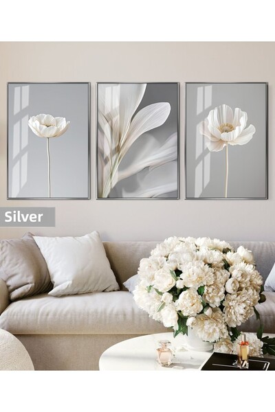 Harikabirev Hari̇kabi̇rev | Soft Blue-White Flower Combination | Framed Glass Table 3-Piece Vertical