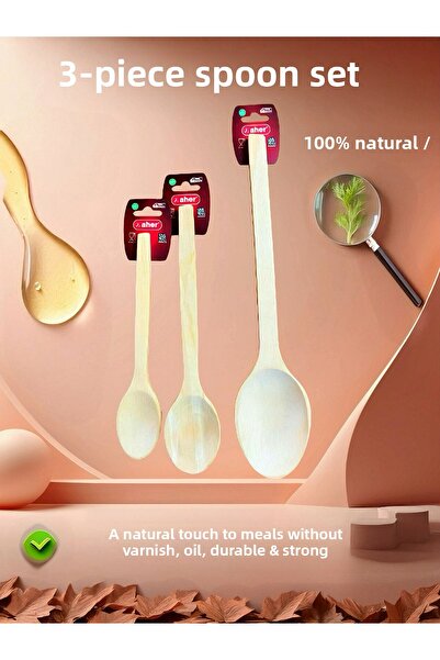 AHER Natural Beech 3-Piece Wooden Spoon Ladle Set Non-Scratch Large Size Serv...