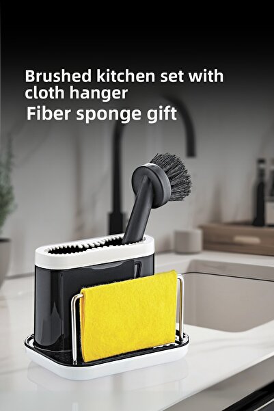 grimorlife Set de bucătărie cu perie și sârmă negru - cu suport din plastic ș...