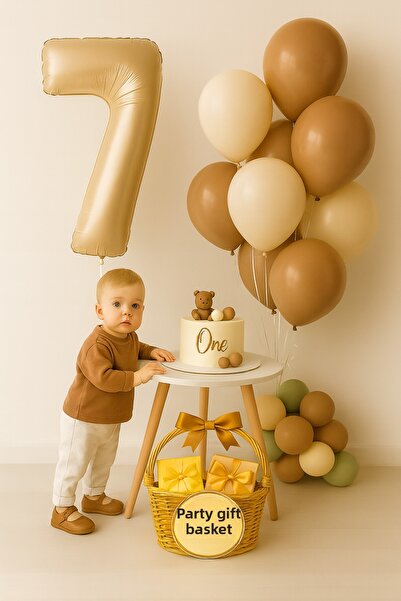 parti hediye sepeti Birthday Balloon Set Number Foil Brown White |   1 Year O...