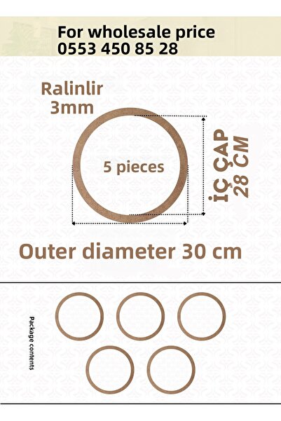 ÇUKUROVA ÜTÜ 5 броя обръч с диаметър 30 см, дебелина 3 мм, суров MDF капкоуло...