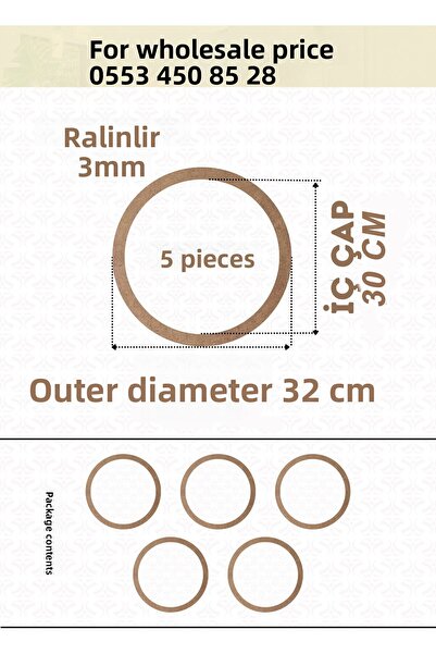 ÇUKUROVA ÜTÜ 5 броя обръч с диаметър 32 см, дебелина 3 мм, суров MDF капкоуло...