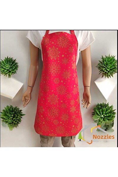 DÜŞLER EV TEKSTİLİ Snowy Red New Year Gilded Snowflake Patterned Adjustable Water and Stain Repellent Kitchen Apron