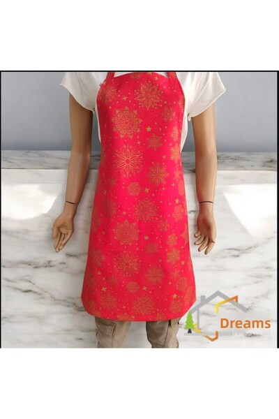 DÜŞLER EV TEKSTİLİ Snowy Red New Year Gilded Snowflake Patterned Adjustable Water and Stain Repellent Kitchen Apron