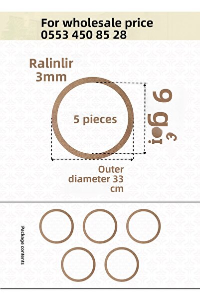 ÇUKUROVA ÜTÜ 5 броя обръчи с диаметър 33 см, дебелина 3 мм, суров MDF капкоул...