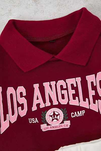 TRENDYOLKIDS طقم ملابس من القطن للأطفال البنات مطبوع عليه شعار بولو وياقة بولو ومقاس كبير - طقم علوي وسفلي TKDAW26AU00002