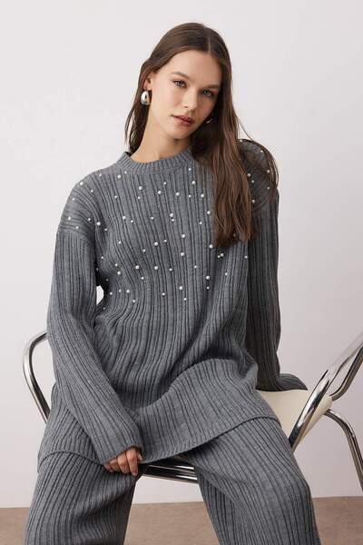 Trendyol Modest Anthracite Pearl Regular Rib/ Camisole Plain Knitwear Hijab Bottom - Top Set Tctaw26Us00030
