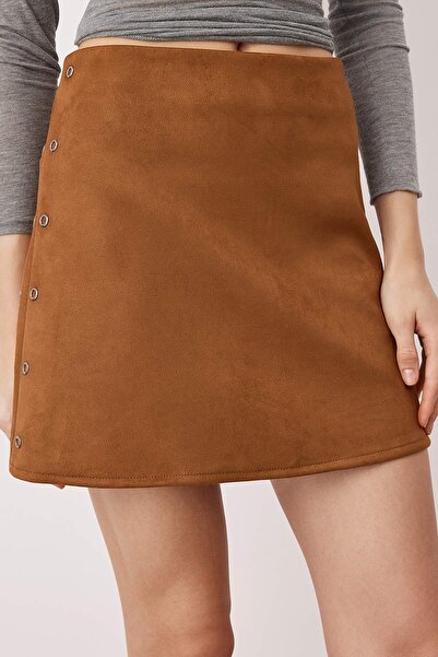 Trendyol Collection Camel Bird Eye Accessory Knitted Mini Suede Skirt Twoaw26Et00079