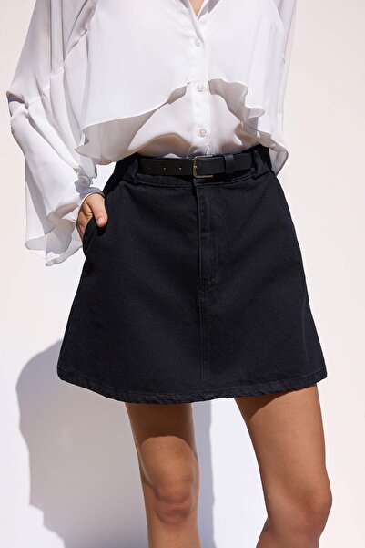 Trendyol Collection More Sustainable Black More Sustainable Belt Detailed Denim Skirt Twoaw26Et00027