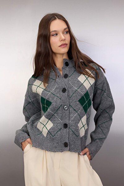 Trendyol Collection Anthracite Soft Textured Diamond Pattern Knitwear Cardigan Twoaw26Hi00253