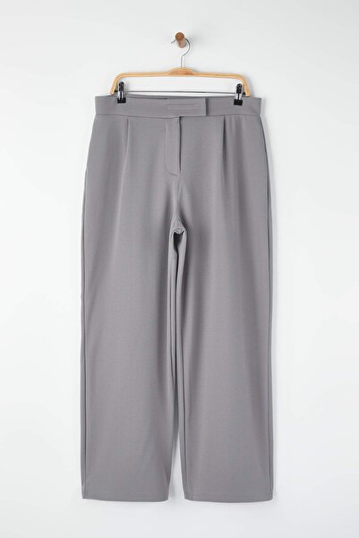 Trendyol Curve Gray Belt Velcro Pleated Wide Leg Knitted Plus Size Trousers Tbbss24Ar00035