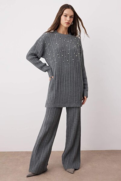 Trendyol Modest Anthracite Pearl Regular Rib/ Camisole Plain Knitwear Hijab Bottom - Top Set Tctaw26Us00030