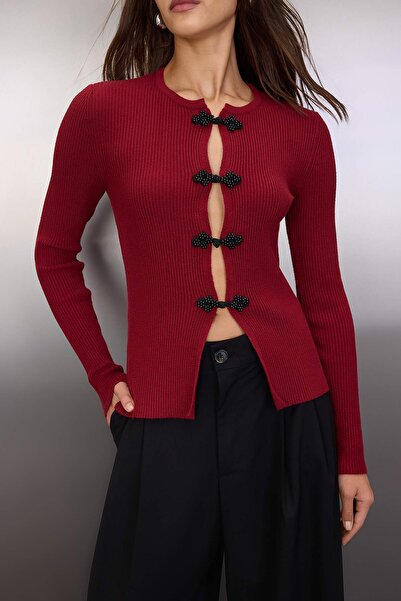 Trendyol Collection Burgundy Premium/Special Yarn Fitted/Fitted Sweater Cardigan with Accessory Detail Twoaw26Hi00201