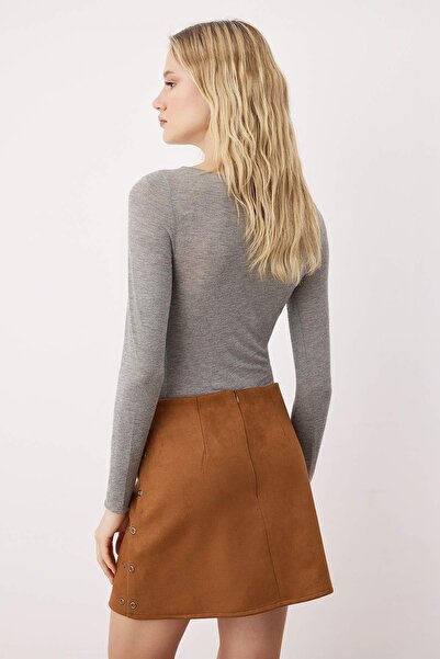 Trendyol Collection Camel Bird Eye Accessory Knitted Mini Suede Skirt Twoaw26Et00079