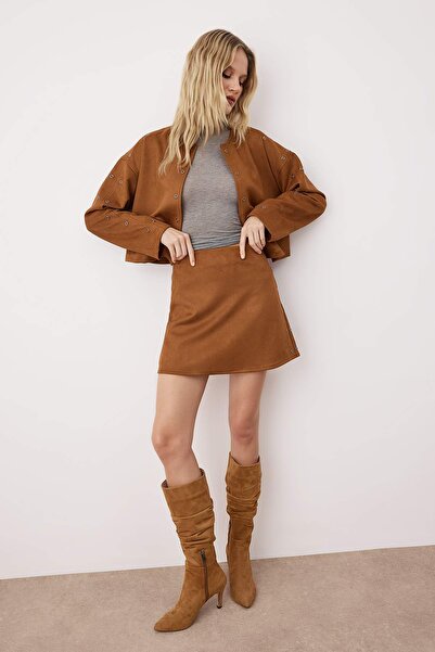Trendyol Collection Камел цвят, с аксесоари, плетена мини пола от велур TWOAW26ET00079