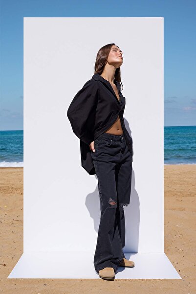 Trendyol Collection More Sustainable Black Regenerative Cotton Low Waist Ripped Detail Wide Leg Jeans Twoaw26Je00224