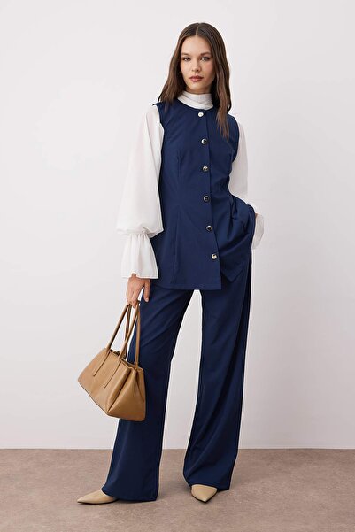 Trendyol Modest Navy Blue Regular Polyviscon Plain Woven Hijab Bottom - Top Set Tctaw26Us00040