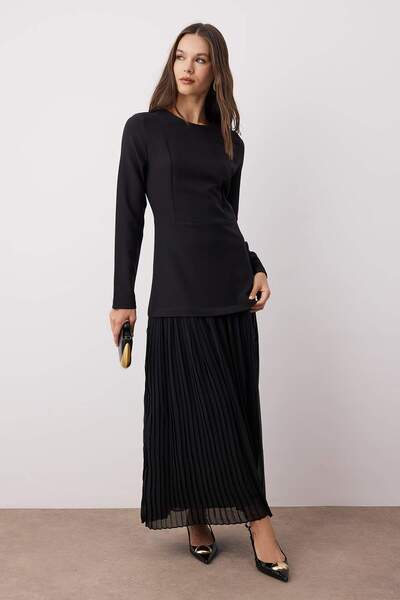 Trendyol Modest Black Chiffon Skirt Woven Dress Tctss25Eb00145