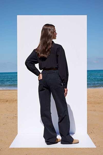 Trendyol Collection More Sustainable Black Regenerative Cotton Low Waist Ripped Detail Wide Leg Jeans Twoaw26Je00224