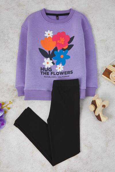 TRENDYOLKIDS Lilac Cotton Floral Thick/Inside Fleece Oversize Girl's Knitted Bottom - Top Set Tkdaw26Au00049
