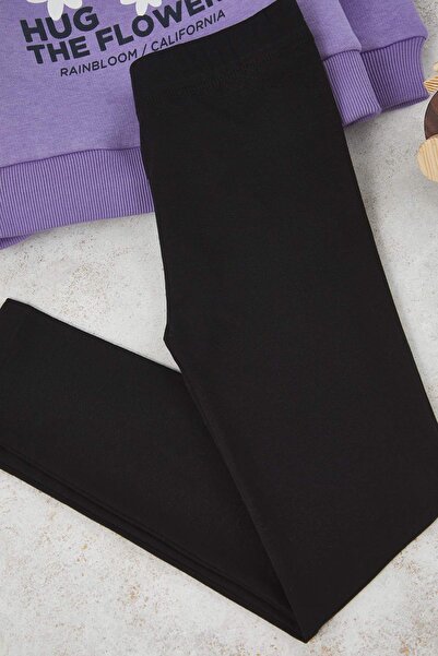 TRENDYOLKIDS Lilac Cotton Floral Thick/Inside Fleece Oversize Girl's Knitted Bottom - Top Set Tkdaw26Au00049