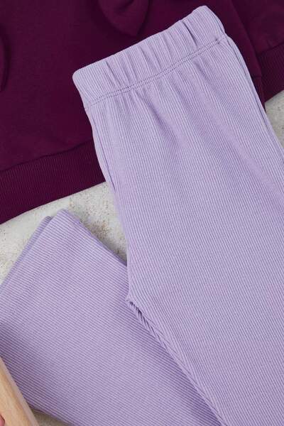 TRENDYOLKIDS Purple Cotton Plain Crew Neck Oversize Girl's Knitted Bottom - Top Set Tkdaw26Au00021