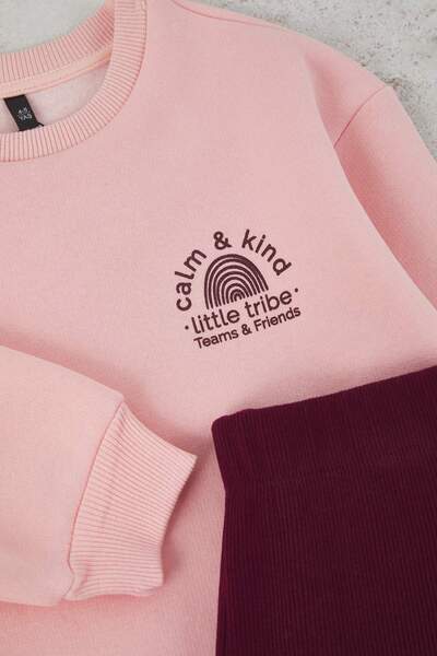 TRENDYOLKIDS Powder Cotton Plain Thick/Inside Fleece Oversize Girls' Knitted Bottom - Top Set Tkdaw26Au00020