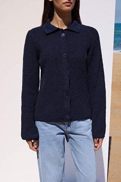 Trendyol Collection More Sustainable Navy Blue Basic Polo Neck Knit Cardigan Twoaw26Hi00126