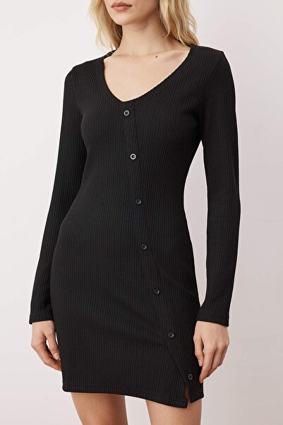 Trendyol Collection Black Plain Asymmetric Bodycone/Fitted Buttoned Short/Mini Knitted Dress Twoaw26El00170