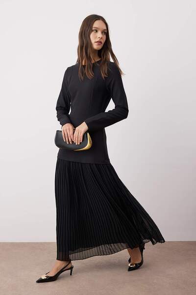 Trendyol Modest Black Chiffon Skirt Woven Dress Tctss25Eb00145