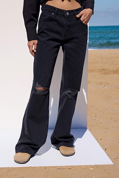 Trendyol Collection More Sustainable Black Regenerative Cotton Low Waist Ripped Detail Wide Leg Jeans Twoaw26Je00224