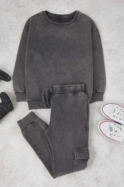 TRENDYOLKIDS Anthracite*001 Plain Knitted Bottom - Top Set Tkdaw26Au00060